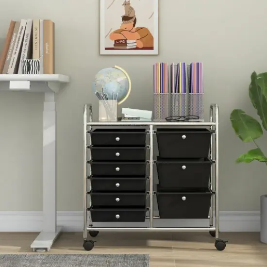 9-Drawer Rolling Storage Cart with Metal Frame and Locking Wheels for Office or Home Use Black {1}