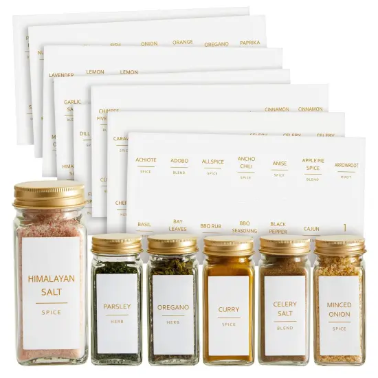 Talented Kitchen 140 Pack of Minimalist Style Spice Jar Labels, Preprinted, Water Resistant Stickers (Gold Text) {1}