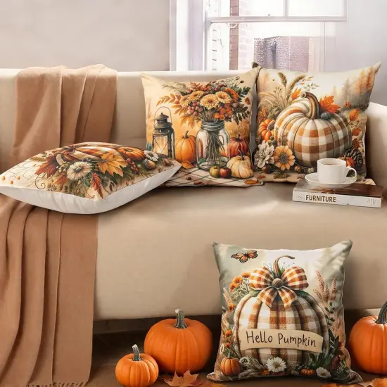Hello Plaid Pumpkin Fall Throw Pillow Covers {4}
