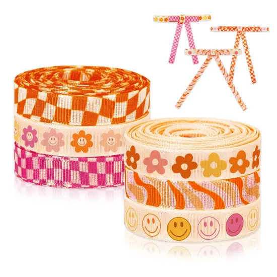 6 Rolls Retro Groovy Ribbon 30 Yards 0.4 Inch Boho Daisy Checkered Face Grosgrain Ribbon Vintage Boho Fabric Craft Ribbon for Wreath Bow Making Gift Wrapping Decor DIY Crafts {2}