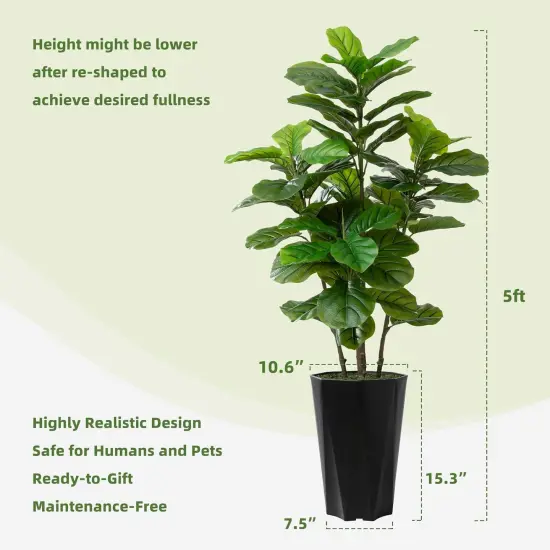 Artificial Fiddle Leaf Fig Plant Indoor 5FT Faux Fig Tree with White Diamond Planter Tall Fake Floor Plant in Pot Artificial Trees for Home Office Living Room Decor Indoor {5}