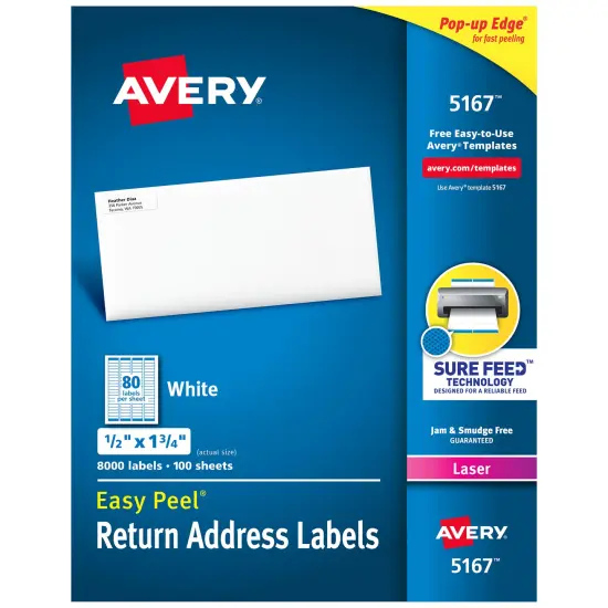 Avery Easy Peel Return Address Labels, Sure Feed Technology, Permanent Adhesive, 1/2" x 1-3/4", 8,000 Labels (5167) {1}