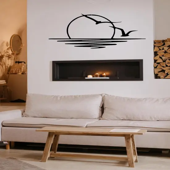 Summer Sun Metal Wall Art Abstract Sunset with Seagulls Metal Wall Decor Minimalist Sunrise Line Art for Living Room Kitchen Bathroom Indoor Outdoor {2}