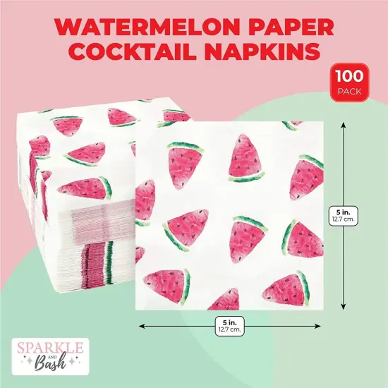 100-Pack Fruit Cocktail Napkins, Summer Party Decorations (Watermelon Design, 5x5 in) {2}