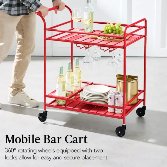 Best Choice Products 2-Tier Rolling Bar Cart Indoor/Outdoor w/ Storage Shelves, Wine Rack, Lockable Wheels Red {5}