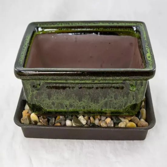8" Rectangular Moss Green Bonsai Cactus Succulent Pot + Tray + Rock + Mesh Combo {3}