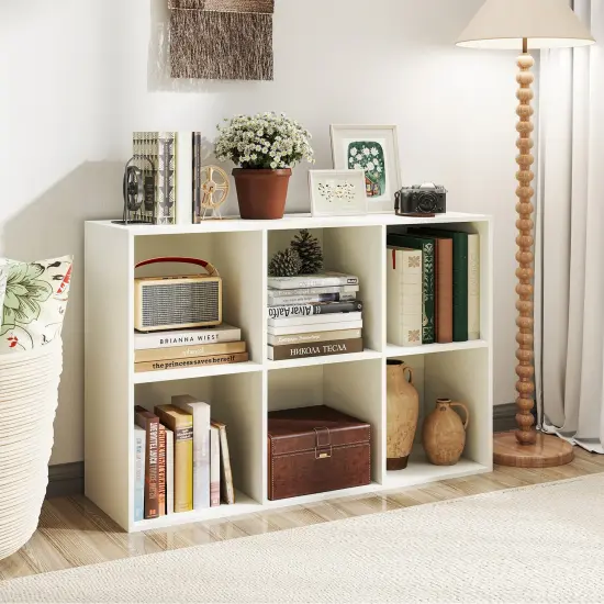 White 6-Cube Storage Organizer Shelf Engineered Wood Bookcase for Living Room or Bedroom {2}
