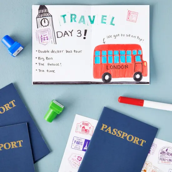 Juvale 24-Pack Blank Passport Notebooks for Kids, 4.1 x 5.6 Inches, Pretend Passport Books for Kids Travel Play and Classroom Activities, Blue {3}