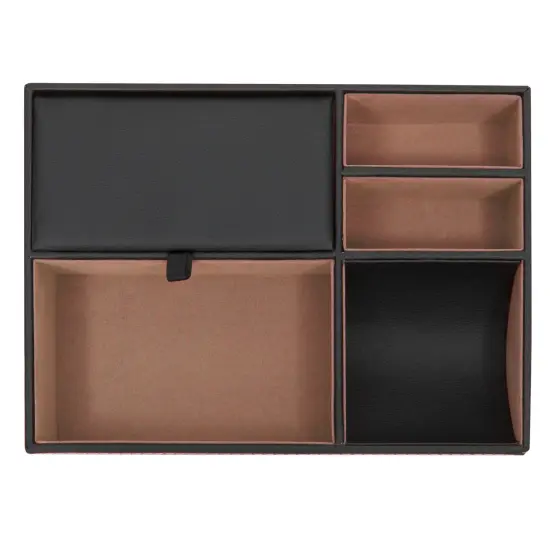Black Valet Tray for Men, 5 Compartments for Wallet, Phone, Keys (Faux Leather, 10 x 7.3 x 2 In) {4}