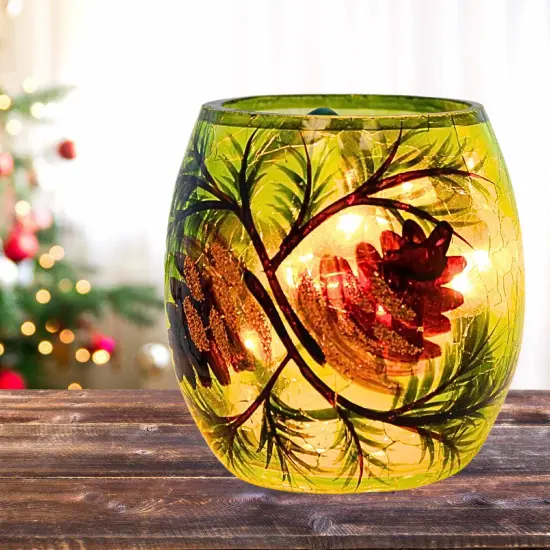 Stony Creek 3.0 Inch Whispering Pines Pre-Lit Votive Christmas Lighted Glass Accent , Christmas Decor Pinecones Frosted Glass Green {4}