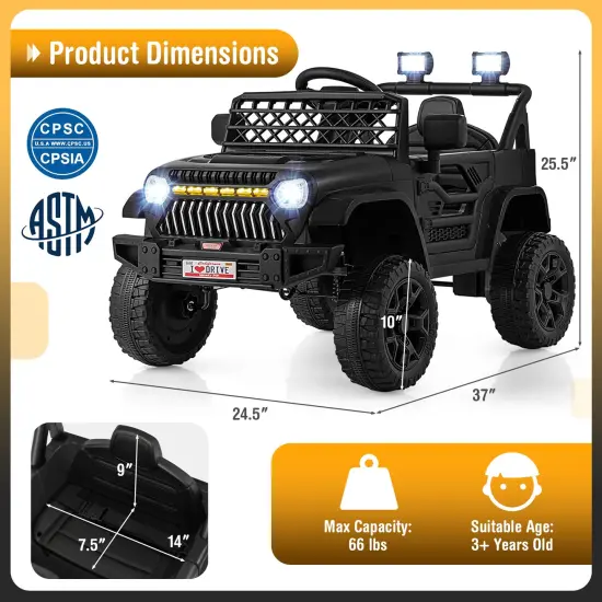 12V Ride-On Truck Car for Kids with Parental Remote, Music Player, and LED Lights Black {4}