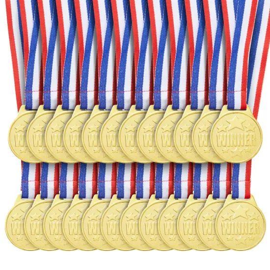 24 Pack Gold Winner Medals for Kids and Adults - Participation Awards with 15.3-Inch Red, White, and Blue Neck Ribbons for Sports, Tournaments, Competitions (Metal, 1.5 In) {1}