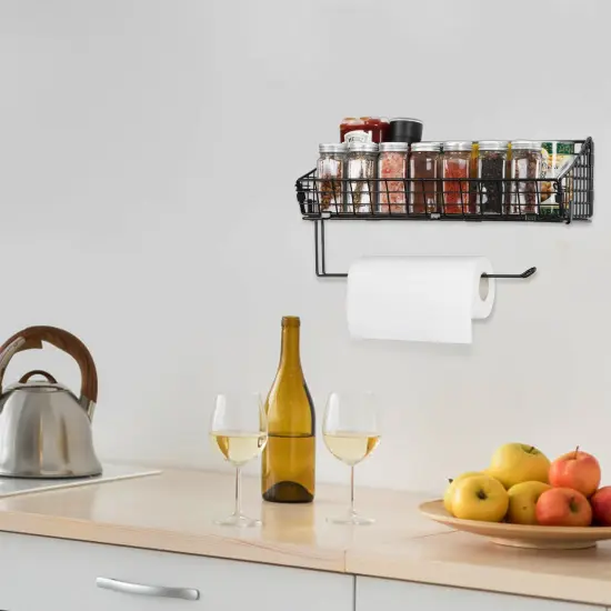 2PCS Black Multi-Functional Wall-Mounted Metal Basket Organizer with Foldable Paper Towel Holder &ndash; Space-Saving Storage Shelf for Kitchen, Bathroom, Bedroom & Hallway {4}