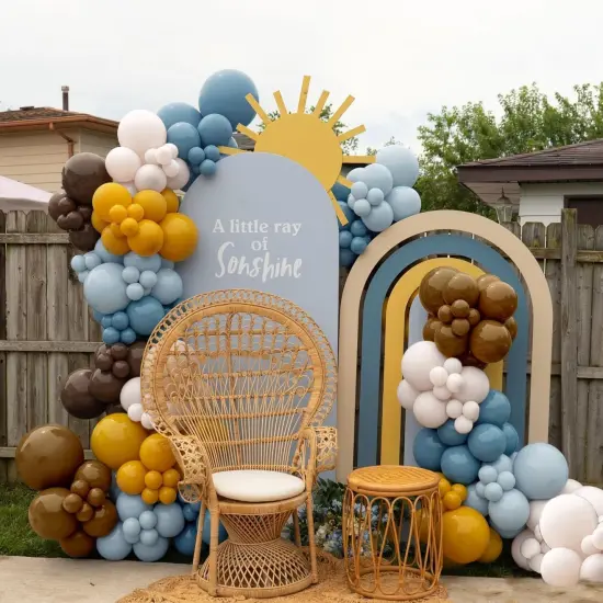 Blue Yellow Balloon Arch - Double Stuffed Dusty Blue Brown Balloon Mustard Yellow Coffee Tan Cream Latex Balloons Garland Kit {2}