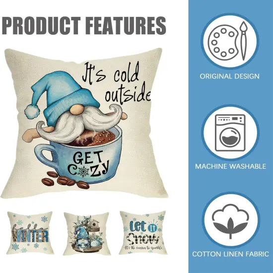 Hello Winter Blue Gnome Decorative Pillow Cover 16 x 16 Set of 4, It's Cold Outside Snowflakes Coffee Let It Snow Farmhouse Pillowcases, Christmas Buffalo Plaid Wooden Tiered Tray Decors {3}