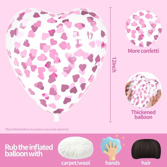 Pink Heart Confetti Balloons 30 Pcs, 12 Inch Clear Heart Latex Balloon with Heart Confetti Inside for Wedding Anniversary Birthday Party Valentine Baby Shower Bridal Shower Decorations Supplies {2}