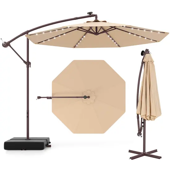Costway Patio 10FT Hanging Offset Umbrella 32 LED Lights Sand Bag Outdoor Cross Base Beige/Turquoise/Dark Gray/Wine/Coffee/Navy {7}