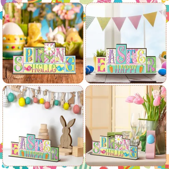 Easter Decorations Pastel Spring Table Decor Reversible Happy Easter Wooden Sign Farmhouse Hello Spring Tabletop Centerpiece for Home Tiered Tray Shelf Office Desk Mantel Rustic Decor {5}