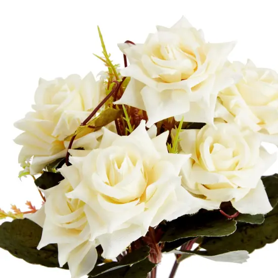White Roses Flower Vase, Silk Artificial Flowers Arrangement with Ceramic Pot (6.3"D x 6.2"W x 12"H) {6}