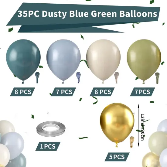 Dusty Blue Green Balloon, Sage Green and Retro Blue Balloons, Sand White Green Metallic Gold Sea Blue Balloons for Women Men Boho Birthday Wedding Baby Shower Jungle Safari Wild Party Decorations {2}