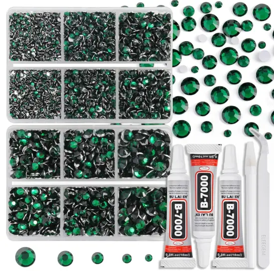 Resin Rhinestones Kit for Crafts,8400 pcs Green Flatback Rhinestones Mixed 5 Sizes 2mm-6mm with B7000 Glue Tweezers and Wax Pencil for Fabric Tumblers and Clothes {1}