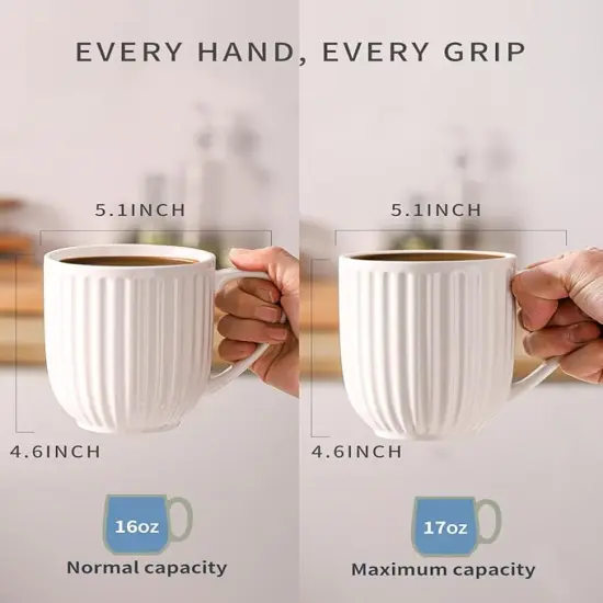 Ceramic Coffee Mugs Set of 4, 16 Oz Large Ribbed Coffee Cups with Big Handle, Unique Modern Style White Latte Mugs for Tea,Cocoa,Milk,Cappuccino, Microwave & Dishwasher Safe {3}