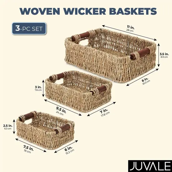 Set of 3 Small Wicker Baskets for Storage, Woven Nesting Bins with Handles for Bathroom Towels and Toilet Paper Organization, Closet, Shelf, Kitchen (3 Assorted Sizes) Brown {6}