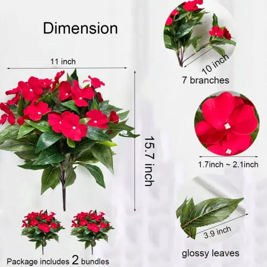 2pcs Artificial Impatiens Bouquet Fake Outdoor Flowers Impatiens Plants Decor Indoor Planters Balcony Decorations, Red {6}