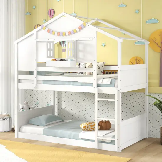 Twin Over Twin Bunk Bed for Kids with Roof and Lockable Window-White {3}