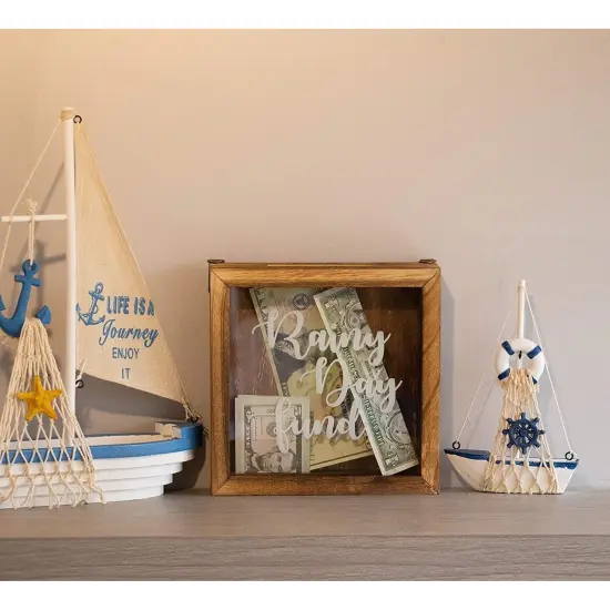 Genie Crafts Wooden Shadow Box Bank, Rainy Day Fund (7.1 x 1.8 Inches) Brown {2}