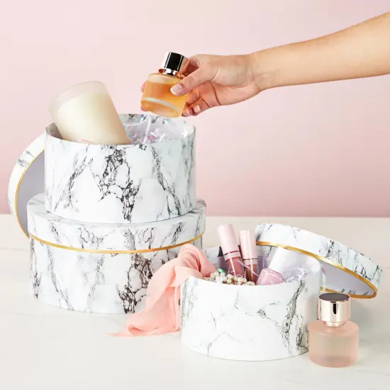 Round Gift Boxes with Lids, White Marble Print Cardboard Boxes (3 Assorted Sizes) {2}