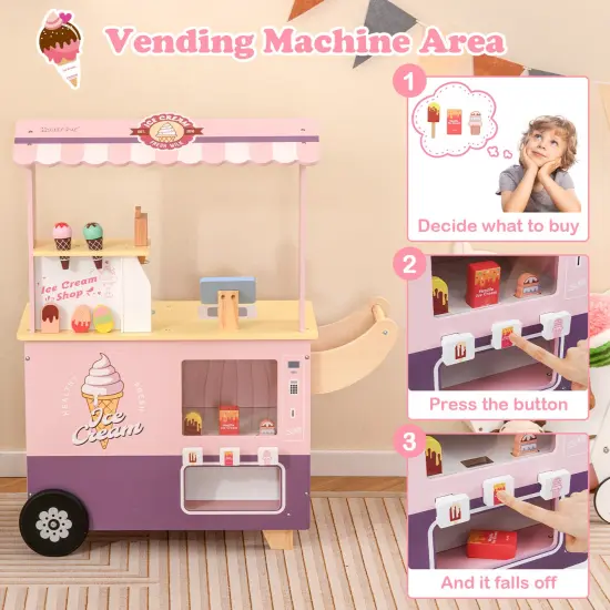 Colorful Wooden Ice Cream Truck Pretend Play Set for Toddlers with Vending Machine, Interactive Role-Playing Toy Pink {4}