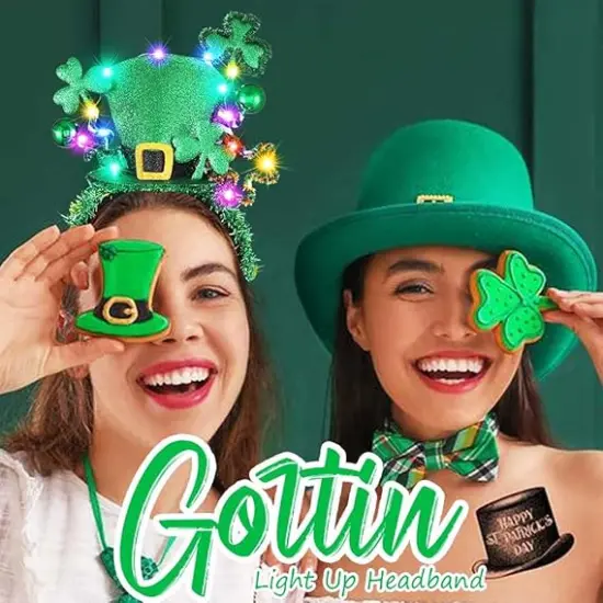 Light up St Patrick's Day Headband LED Green Leprechaun Top Hat Headband Shamrock Irish Hair Band Rave Party Holiday Costume Hair Accessories for Women and Girls {5}