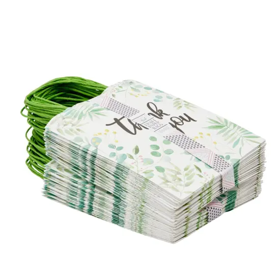 50 Pack Green Leaf Paper Gift Bags with Handles, White Thank You Bag for Small Business Boutique, Baby Shower Party Favors, 10x8x4 in {4}