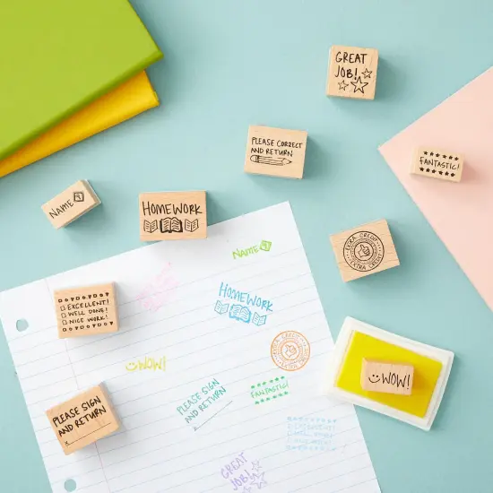 9 Piece Set of Wooden Rubber Teacher Stamps - Classroom Supplies for Grading Homework (Assorted Sizes) Brown {4}