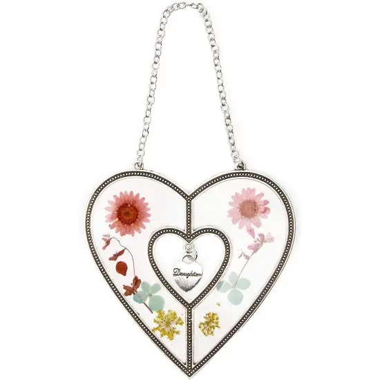 Metal Hanging Heart Suncatcher with Pressed Flowers for Window and Home Decor, 4.5 x 8.25 in. Pink {1}