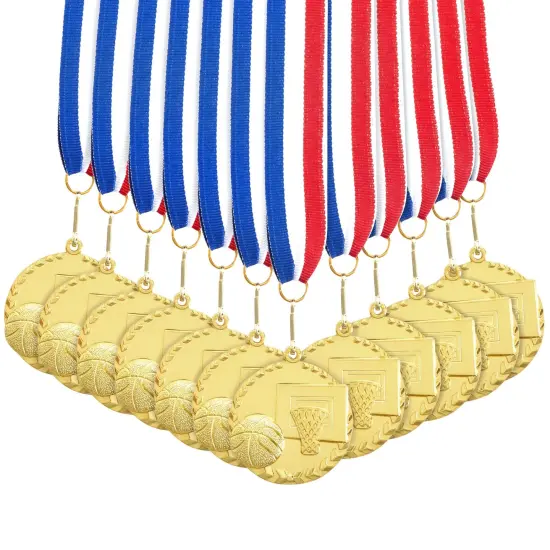12 Pack Basketball Medals for Kids and Adults, Team Participation Trophies, Awards, Party Favors, Red, White, and Blue Stripes 15.5" Ribbon (2 in, Metal, Gold) {3}