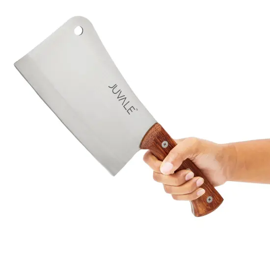 Meat Cleaver Bone Chopper for Chef, Meat Cutting - Heavy Duty Butcher Knife with Wooden Handle for Kitchen (8 Inch) Silver {6}