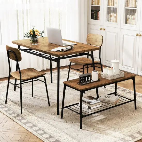 4 Piece Dining Table Set for 4 Metal Frame with Bench and 2 Chairs-Brown {3}