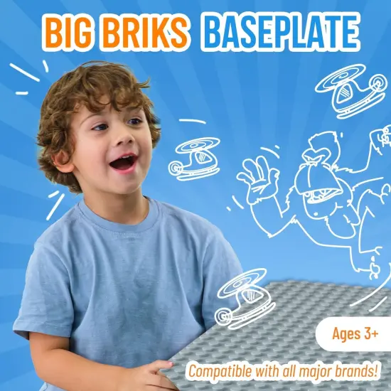Classic Big Briks Baseplate 15" x 10.5" Large Building Brick Baseplate by Strictly Briks | 100% Compatible with All Major Brands | Single Light Gray Flat Bottom Base Plate, Ages 3-14 Grey {2}