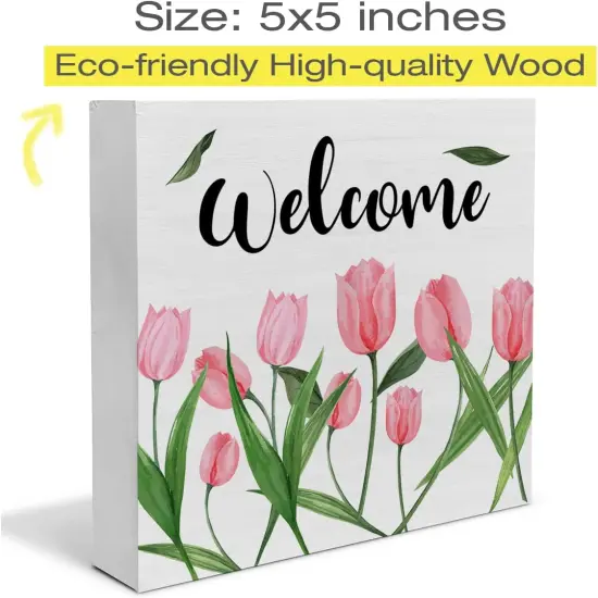 Flower Tulips Summer Tabletop Decor Welcome Wood Box Sign Art Blocks Desk Sign Rustic for Shelf Tabletop Home Decor 5 X 5 Inch {4}