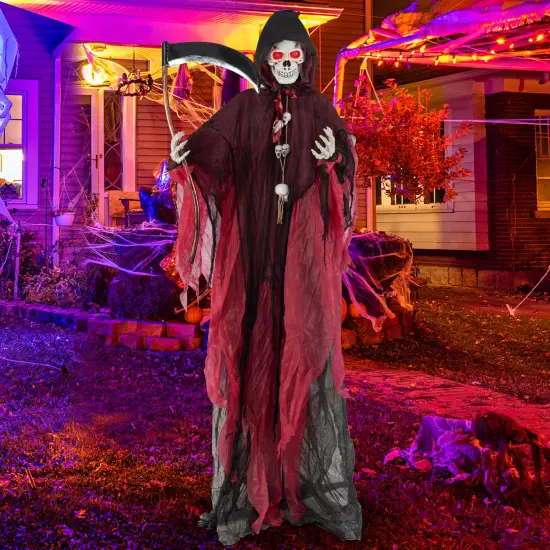 8 Feet Sound Activated Grim Reaper Halloween Prop with Lighted Eyes and Scary Sounds for Yard Decor {2}