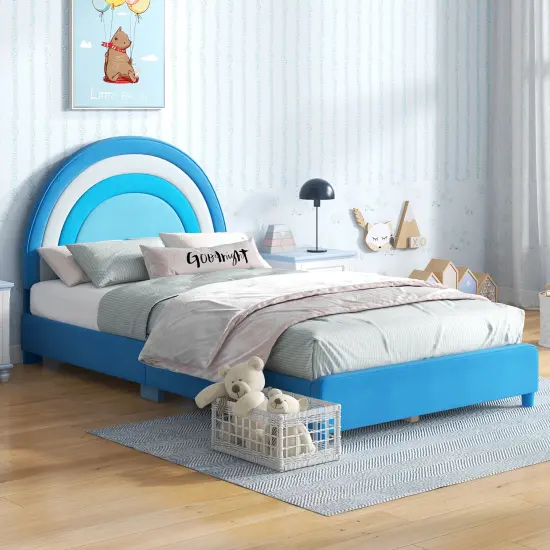 Velvet Kids Twin Bed with Adjustable Headboard Sturdy Wooden Frame and Soft Upholstery Blue {2}