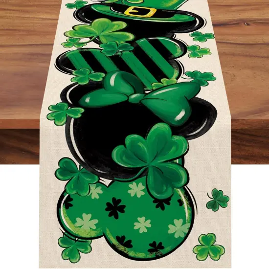 St. Patrick's Day Table Runner, Shamrock Clover Top Hat Stripes Ladybug Kitchen Dining Table Decor, Irish Spring Home Decoration Indoor Outdoor Party Supply 13 x 72 Inches {1}