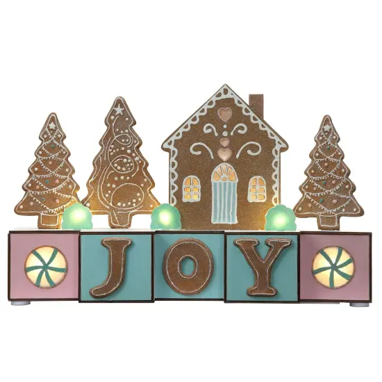 Haute Decor 15 inch Wide Christmas Wood Blocks Lighted Tabletop, Counter, Shelf, or Mantel Decoration - Joy with Gingerbread - Pre-lit and Battery Operated with Automatic Timer {1}
