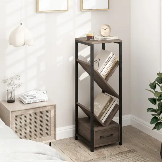 Grey 4 Tier Floor Tree Bookshelf with Drawer and Metal Frame Perfect for Any Room {3}