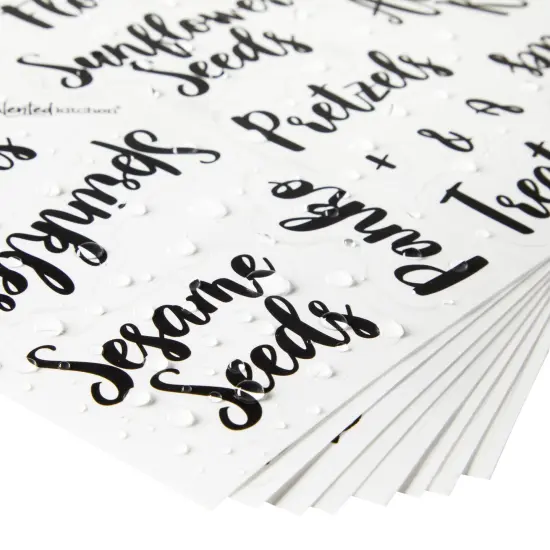 Talented Kitchen 135 Pantry Labels for Food Containers - Preprinted Black Cursive on Clear Backing Stickers for Organizing Kitchen Storage Canisters and Jars (Water Resistant) {7}