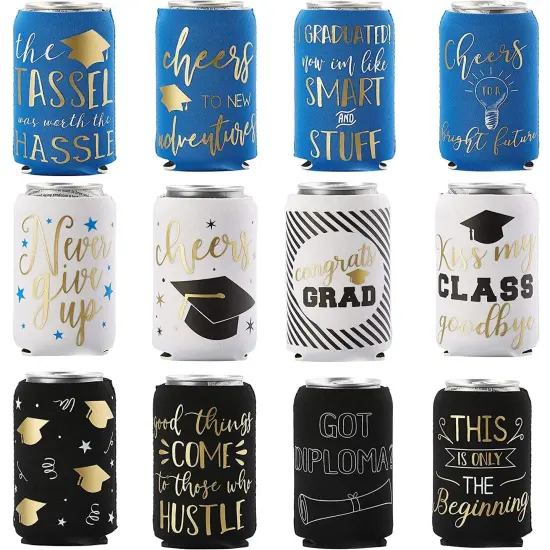 12 oz Graduation Neoprene Can Cooler Sleeves for Soda, Beer, Beverages (12 Pack) Black {1}