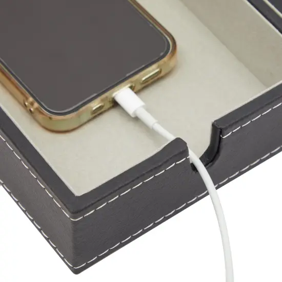 Leather Valet Catchall Tray for Men with 6 Compartments - Bedside Nightstand Organizer for Phones (Black) {5}