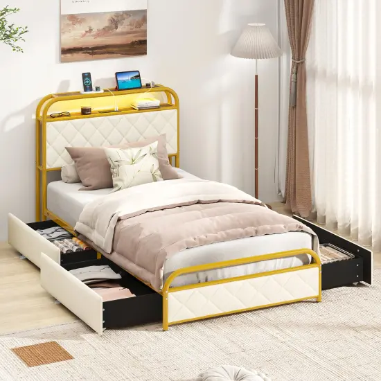 Bed Frame with LED Lights and Charging Station Gold {1}